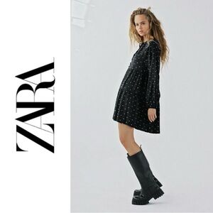NWT ZARA Dotted Black Long Sleeve Mesh Mini Dress - Small
